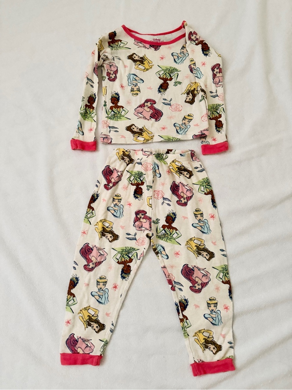 Disney Girls Princess Printed White Pajama Set with Pink Trim